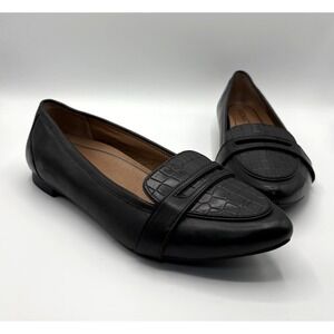 VIONIC Savannah Loafer Women's Size 8.5 Black Leather Croc Print Flat Shoes NWOB